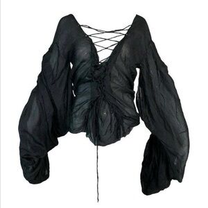 RUNWAY 2002 Gucci Tom Ford Sheer Black Corset Plunging Poet Sleeve Blouse 38